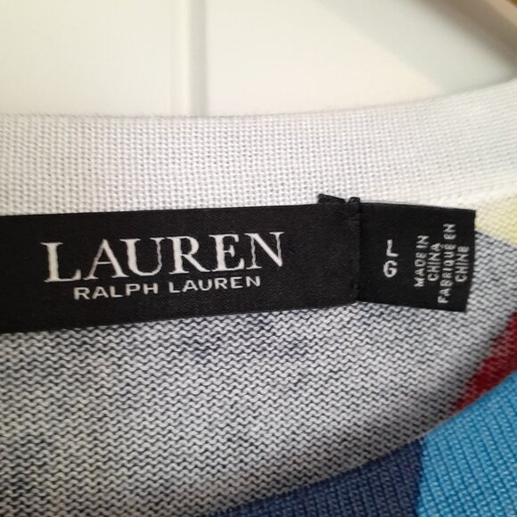LRL Geometric Multi-Color Crewneck Sweater Cotton Viscose Blue Green Red Size L - Picture 3 of 12